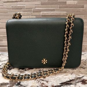 Tory Burch Dark Green Leather Shrunken Shoulder Bag with adjustable chain strap